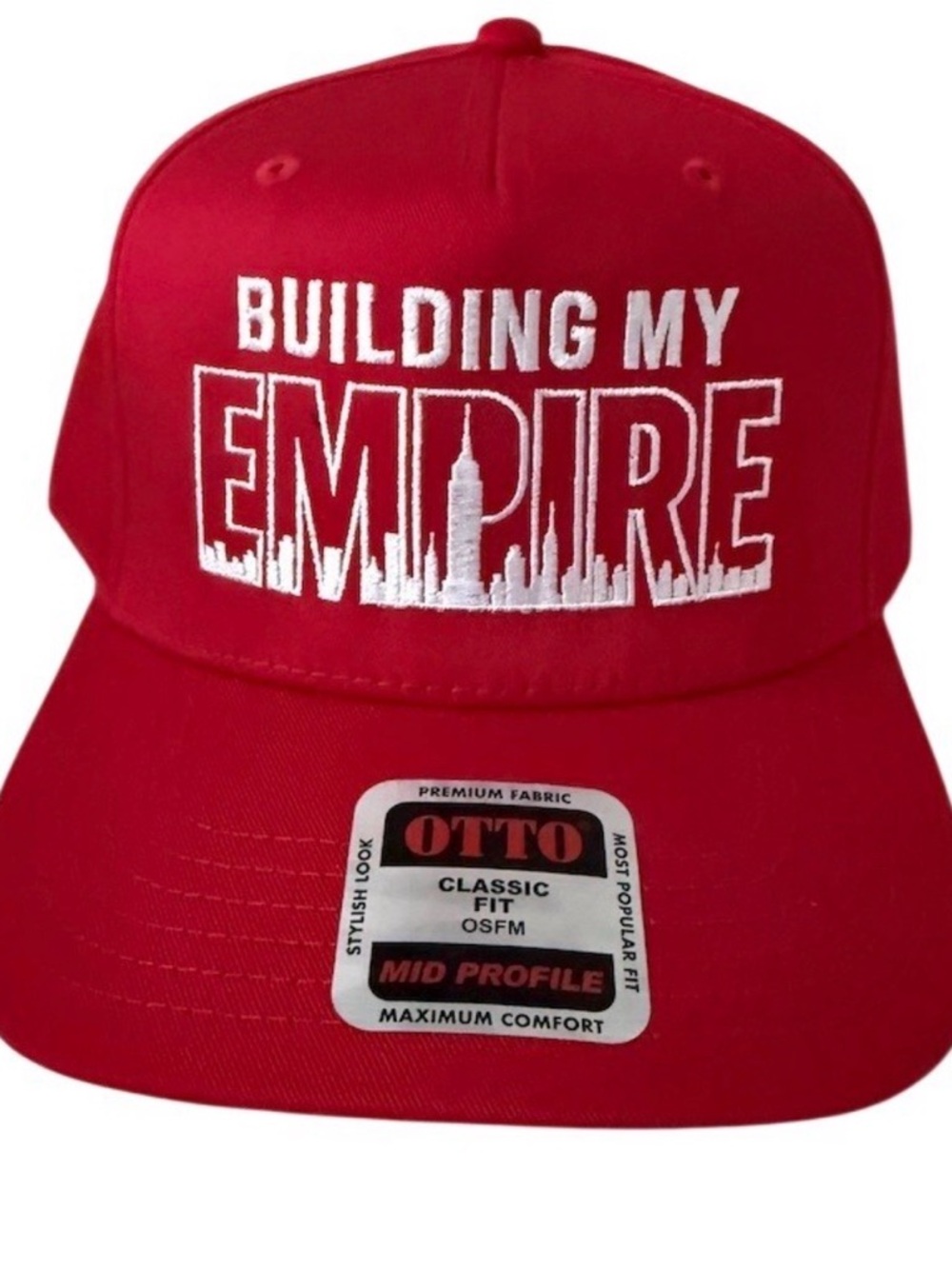 Buy now OTTO Red Snapback Hat with White 'Building My Empire' Embroidery